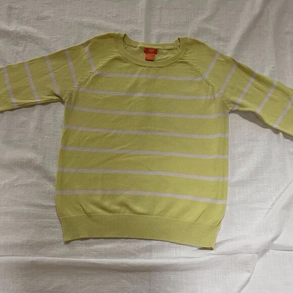 Joe Fresh Women S/P Pullover Sweater Yellow & White Stripe Round Neck 3/4 Sleeve - Picture 2 of 8